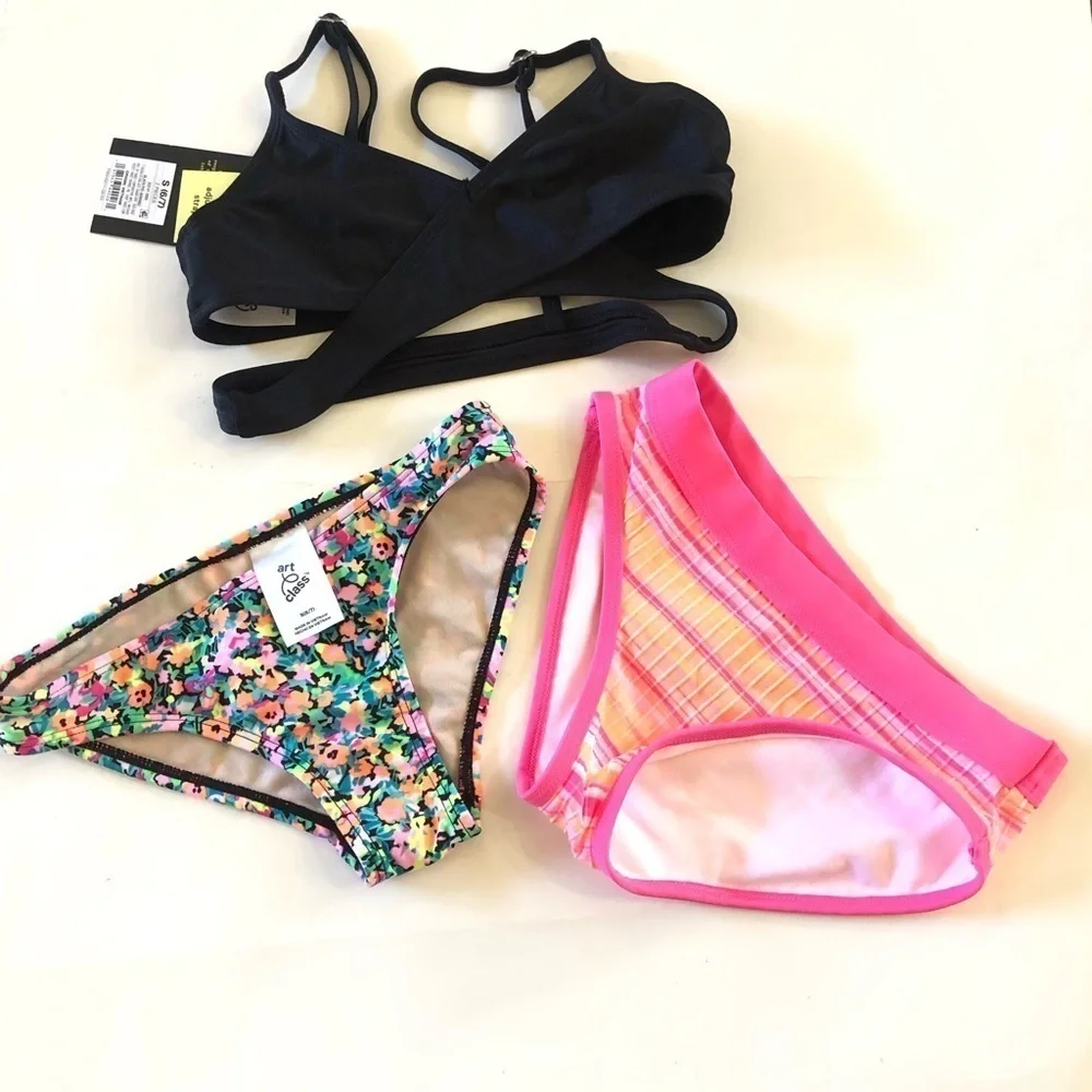 Bundle 3Pc Art Class Bikini Top and Floral Pink Bikini Bottoms Swimwear Set S6/7
